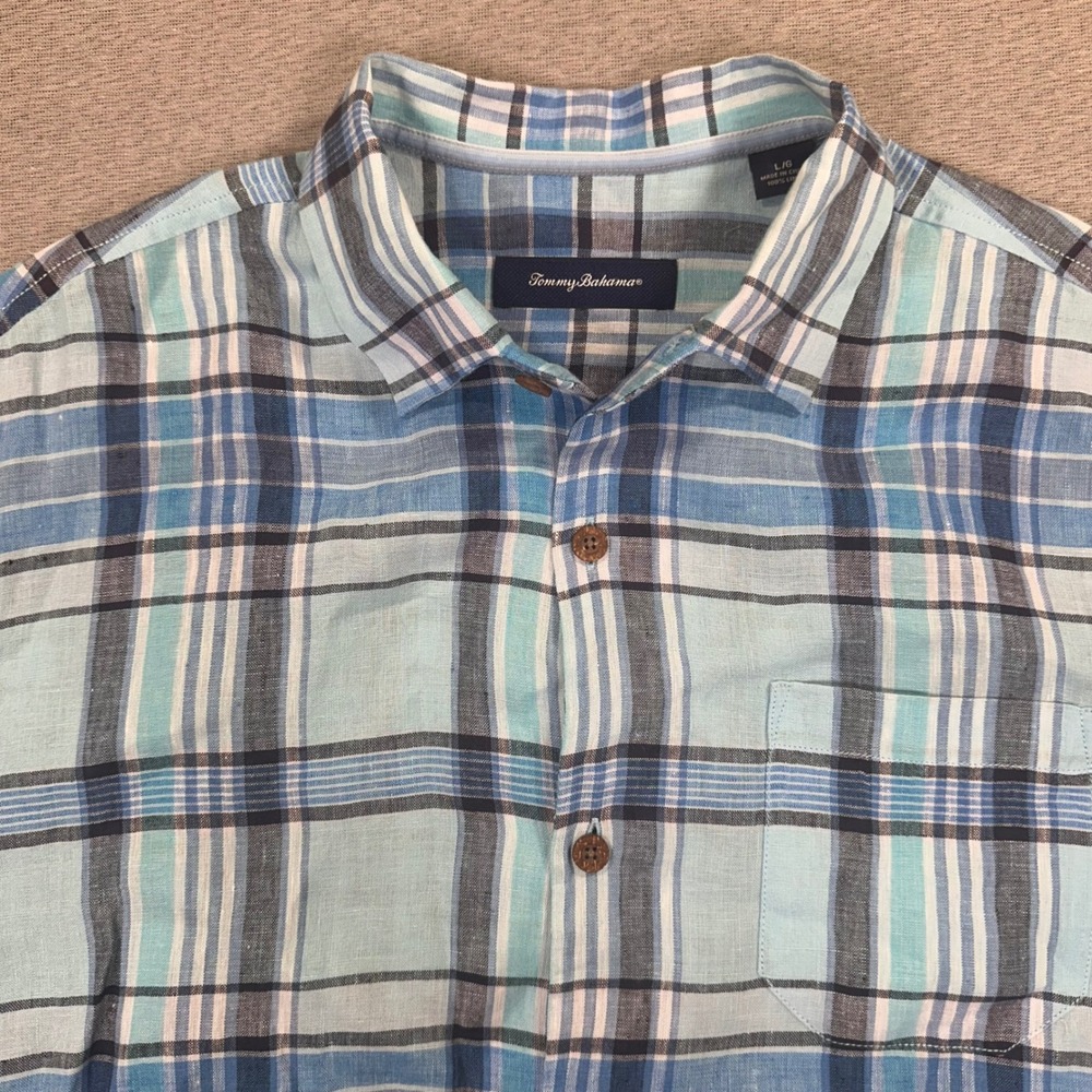 Tommy Bahama Shirt Mens Large Blue Plaid 100% Linen‎ Short Sleeve Button Down